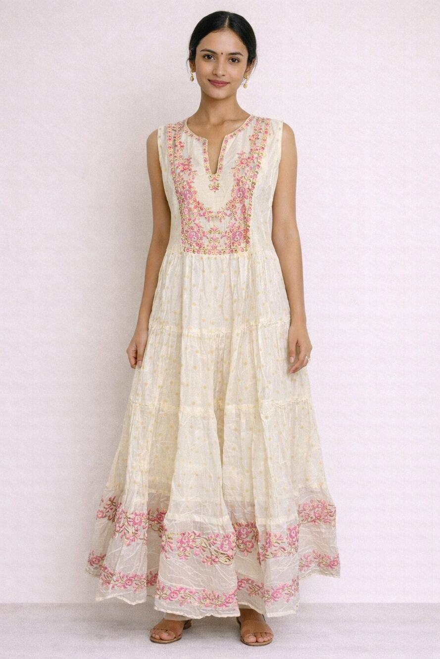 Vintage Indian Embroidered tiered Maxi Dress Cream Gold Pink Boho Festival Small